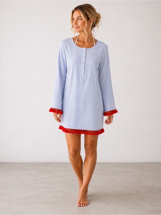 Tory Burch Other - Tory Burch Light Blue White Striped Tunic Beach Coverup Dress with Red Tassel XS